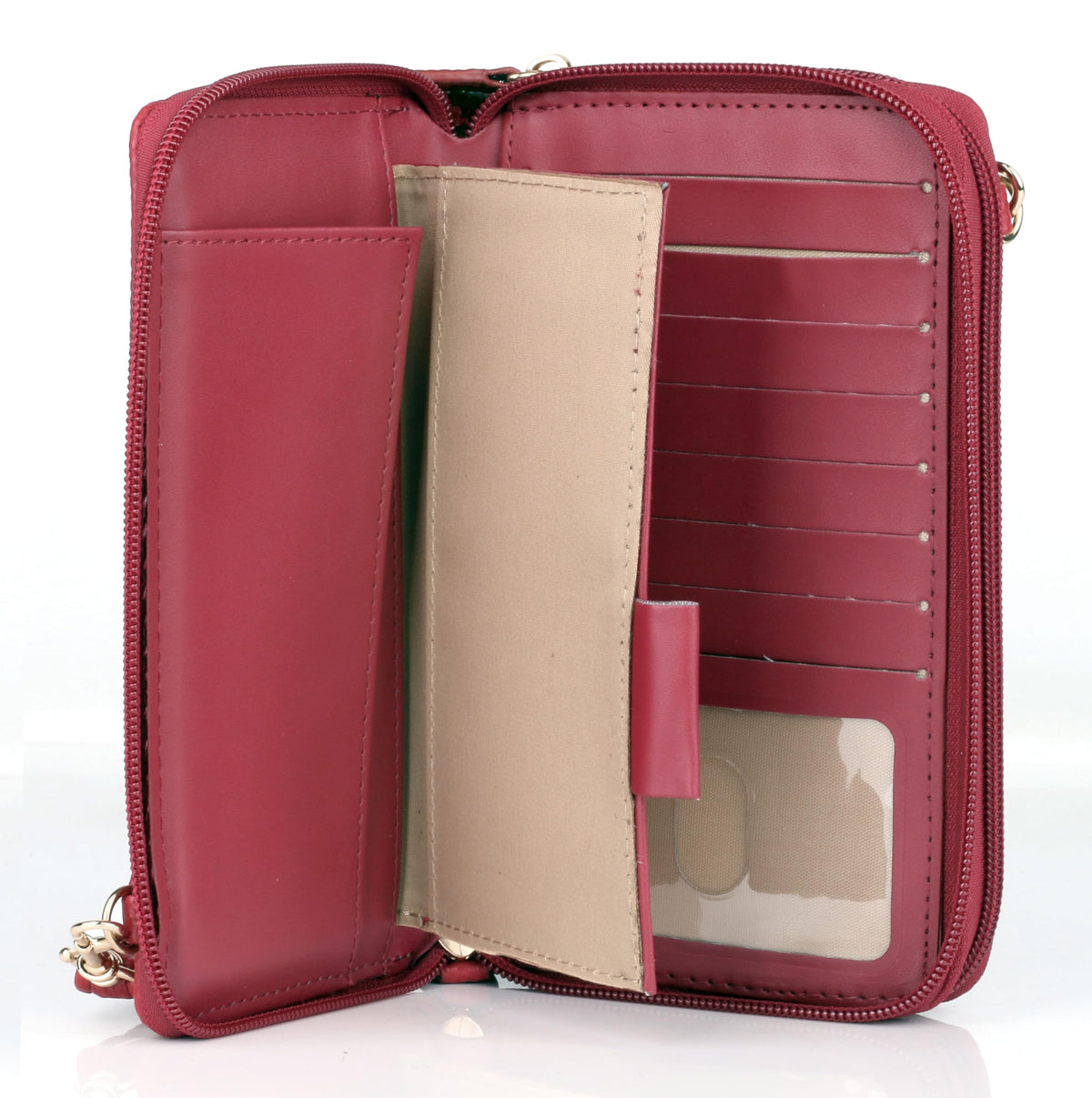 Julia Buxton RFID Blocking Wallet on a String for Women - Compact Crossbody Bag with Removable Wristlet Strap, 15 Card Slots & Multiple Zip Pockets, Red