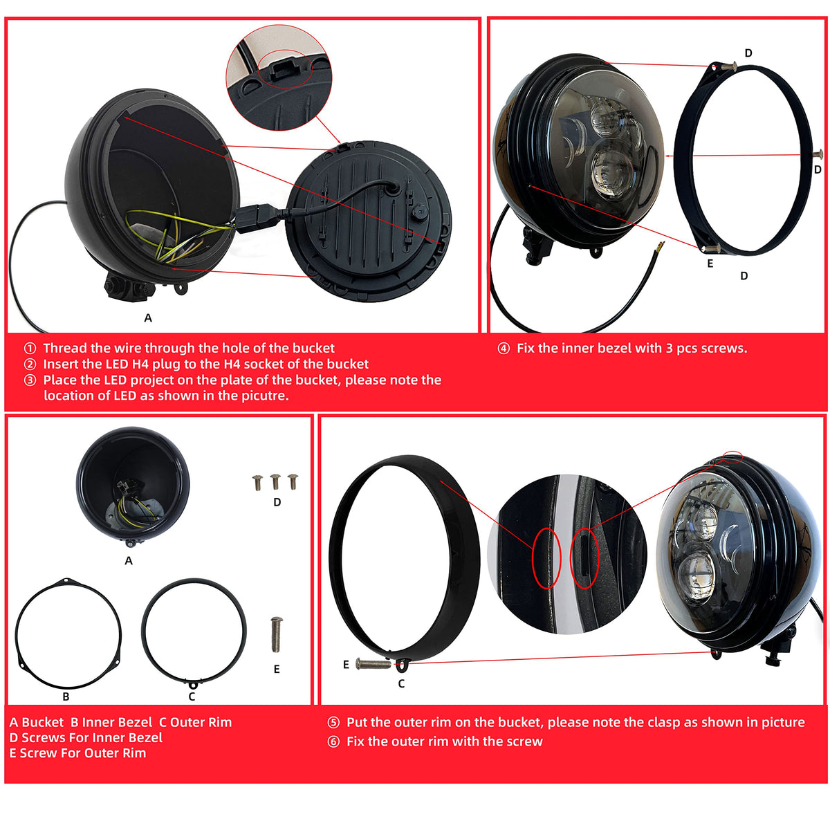 FATECIM 7in Round Motorcycle Headlight Bucket Heavy Duty Gloss Black FTC-1057