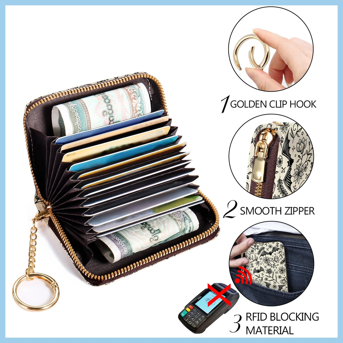 Blusabaca Credit Card Holder for Women, Goth Small RFID Blocking Wallet with Wristlet Strap, Gothic Zipper Keychain Women Wallet, Leather Card Case Wallet Purse with Key Lanyard
