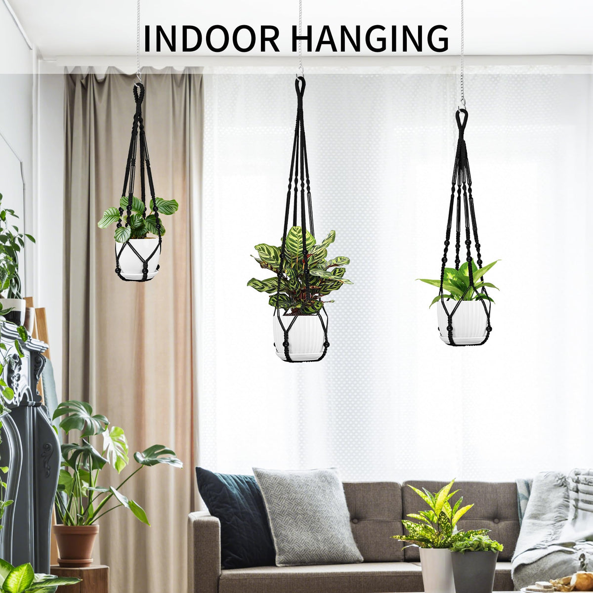 IDEEEPAN Macrame Plant Hanger - Fits 4 to 15 inches Pots for Indoor Outdoor, 43"/35"/29" Different Sizes Set, Black (POTS NOT Included)