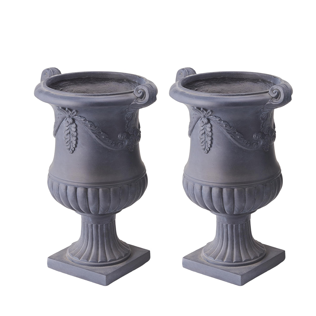 Christopher Knight Home Gary MGO Round Planters Set of 2, Outdoor Flower Pots with Floral Relief Carvings, Classical Garden Urn with Drainage Hole, Patio Urn Planters for Garden, No Assembly, Black