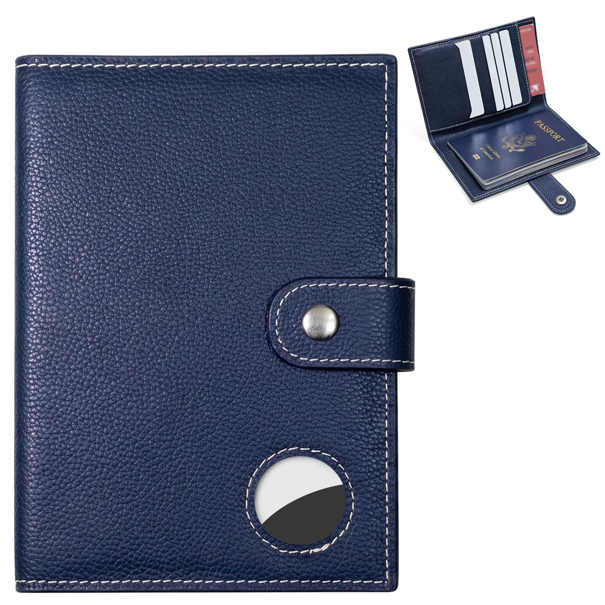 Genuine Leather Passport Holder for Travel, RFID Blocking Passport Wallet with Tracker Holder, Slim Passport Cover Travel Wallet for Women Men, Airport Essentials (Blue)