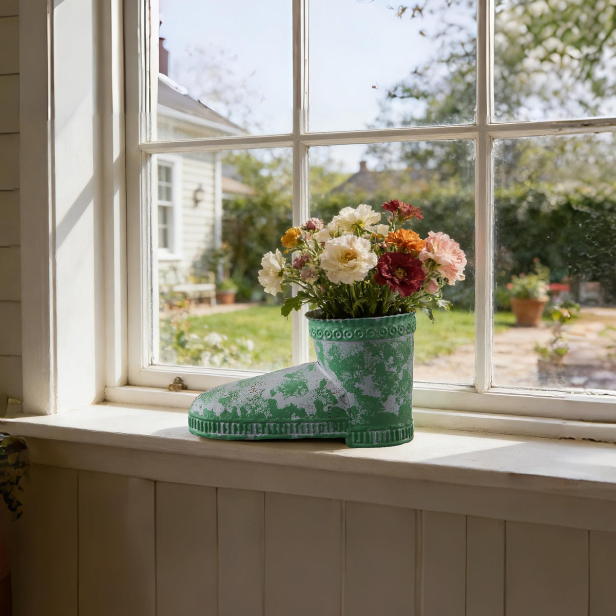 SOFE Rustic Boot Planter, Metal Decorative Flower Pots for Succulents, Herbs, Indoor/Outdoor Boot Vase, Unique Country Home Decor, Green Distressed Finish