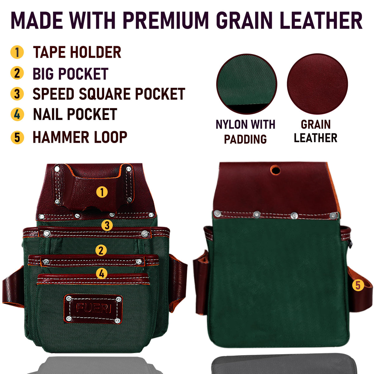 FUERI Electrician's Heavy Duty 26 Pocket Leather-Nylon Tool Belt & Bag Combo for Men, Comfort Back Support Padded Belt, 2 Large Storage Capacity Pouches, Best for Framers, Carpenter, Roofing