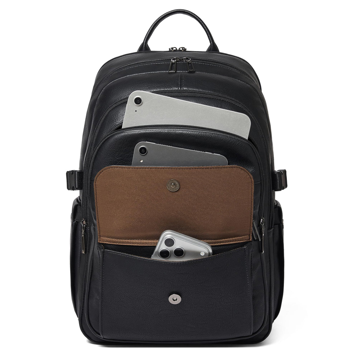 tiamyi Vegan Leather Backpack, TSA Travel Backpack for Men and Women, Fits 17.0 Inch Notebook with Luggage Strap and USB Port, Black