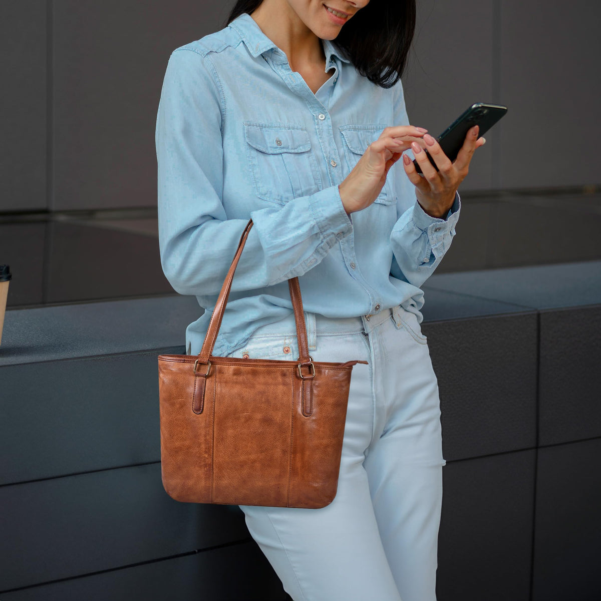Leather Purse For Women - Real Leather Tote For Women - Ladies Shoulder Handbag For Work, Travel, Casual Use (Tan Washed)