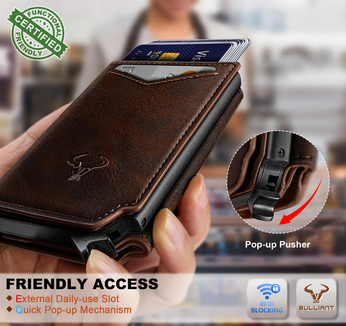 BULLIANT Men Wallet Leather Wallet Card Holders Money Clip for Men 10Cards-Magnetic Flip on Metal Case