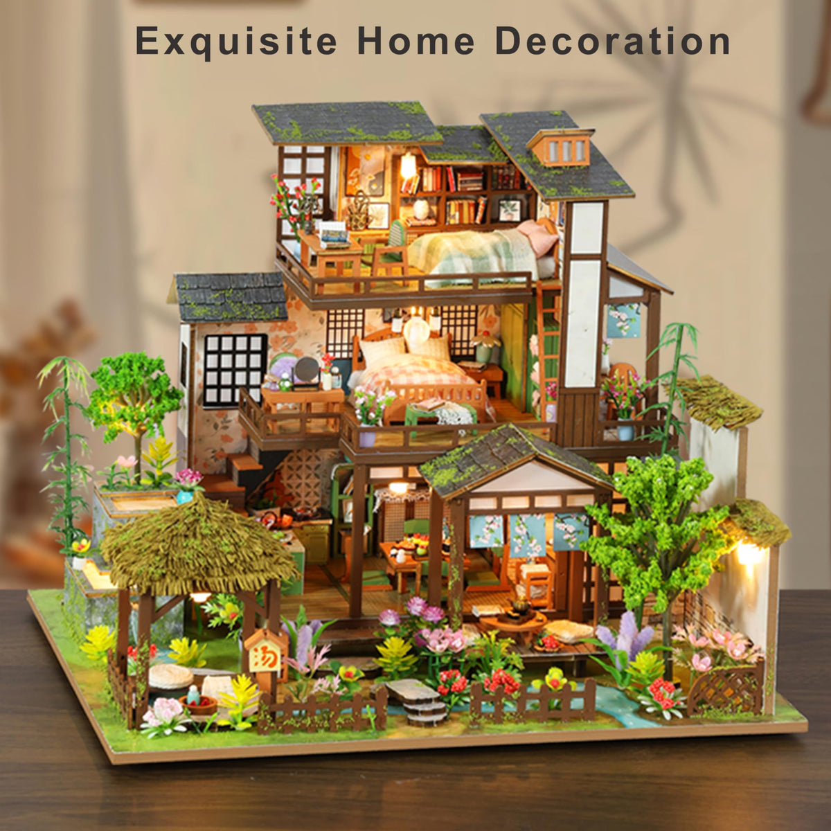 ISSEVE DIY Miniature House Kit, Tiny House Dollhouse Kit for Adults, Mini House Building Kits, Miniature Kit Adult Craft Diorama Kit Home Bookshelf Decoration, Birthday Gifts (Bamboo Spring Courtyard)