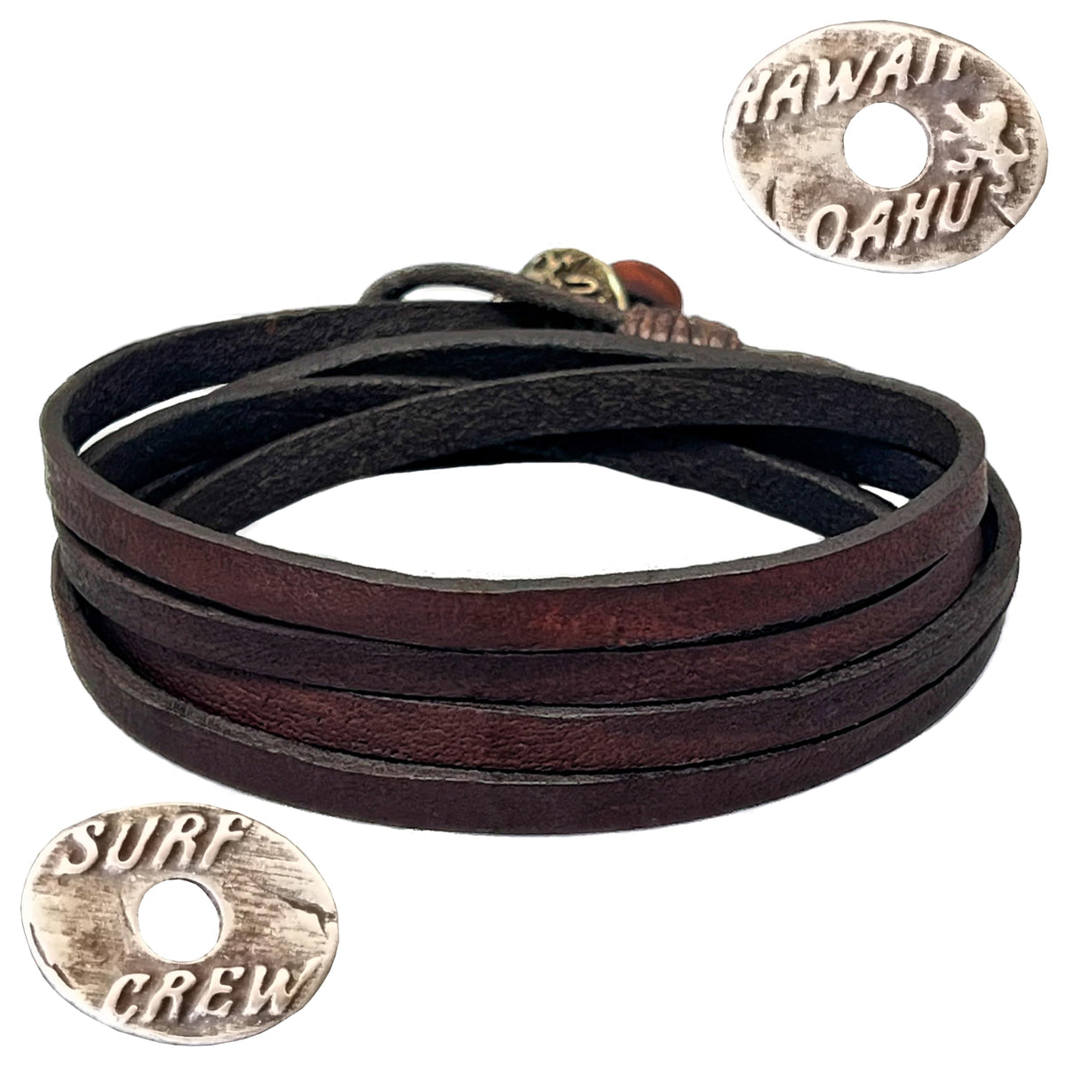LOCAL LEAGUE Leather Bracelet SURF CREW HAWAII - Dark Brown for Men & Women, Multi-Layer Design - Flat Strap max. 37.4"/ 95 cm in Length, Adjustable Wristband, Wrap from 2 to 5x, for Him, Her, Surfer Style