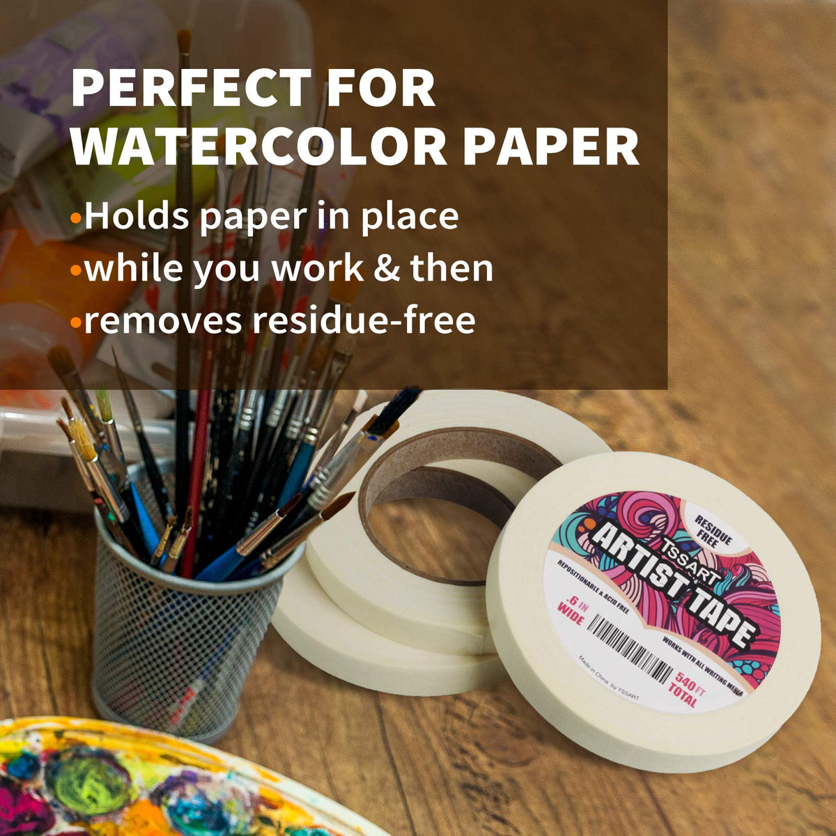 TSSART 3 Pack White Artist Tape - Masking Artists Tape for Drafting Art Watercolor Painting Canvas Framing - Acid Free 0.6inch Wide 540FT Long Total