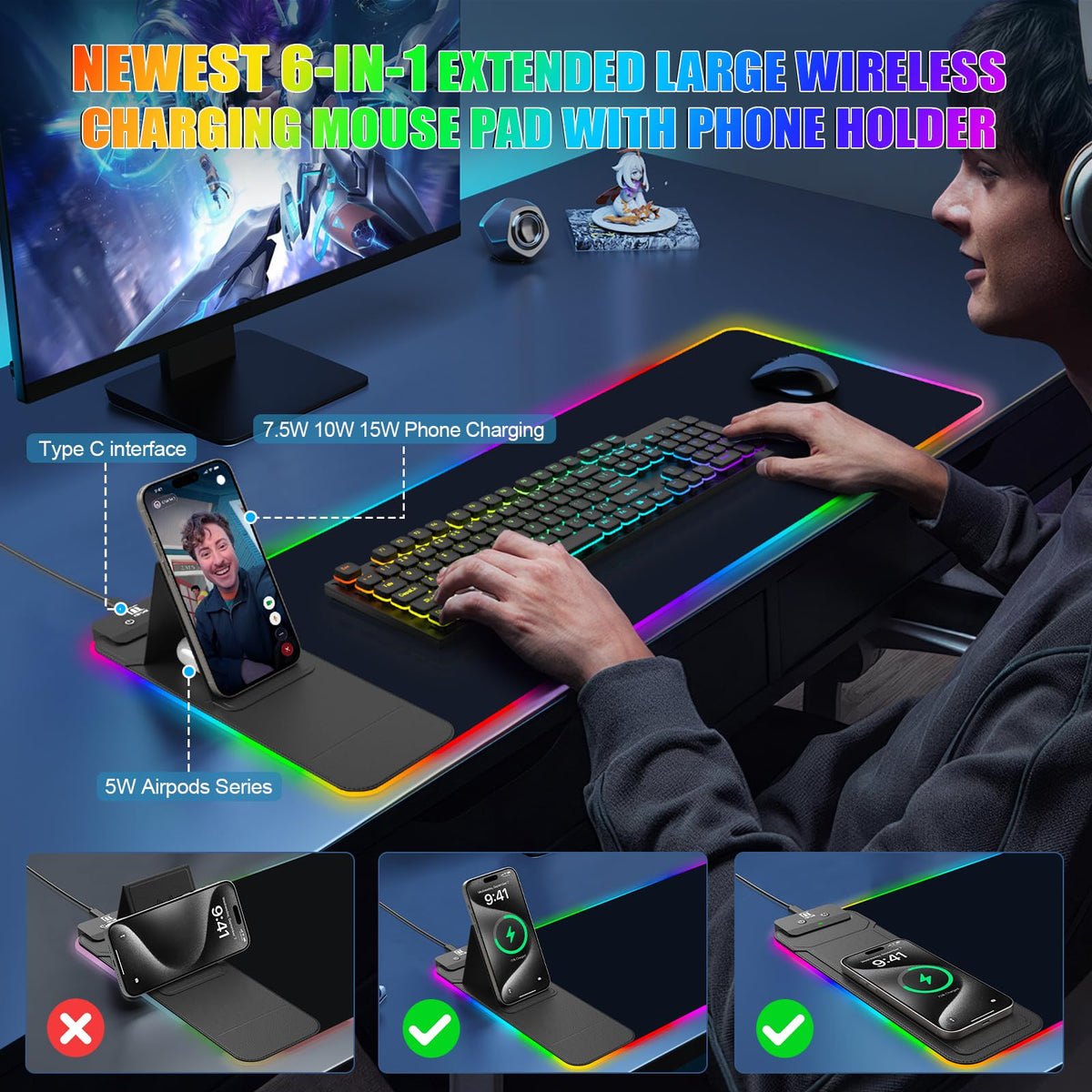 RGB Mouse Pad with Foldable Phone Stand Wireless Charger, 31.5"x11.8" XL Gaming Mousepad Large Desk Mat, Desk Pad with 11 Colors 5 Modes, Waterproof (Black with PD Adapter)