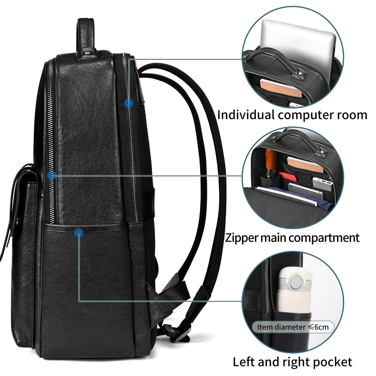 Colins Keirs Men's Black Leather Backpack for Work Travel, Durable Genuine Leather Laptop Backpack with 15.6-inch Computer Compartment, Stylish Professional Designer