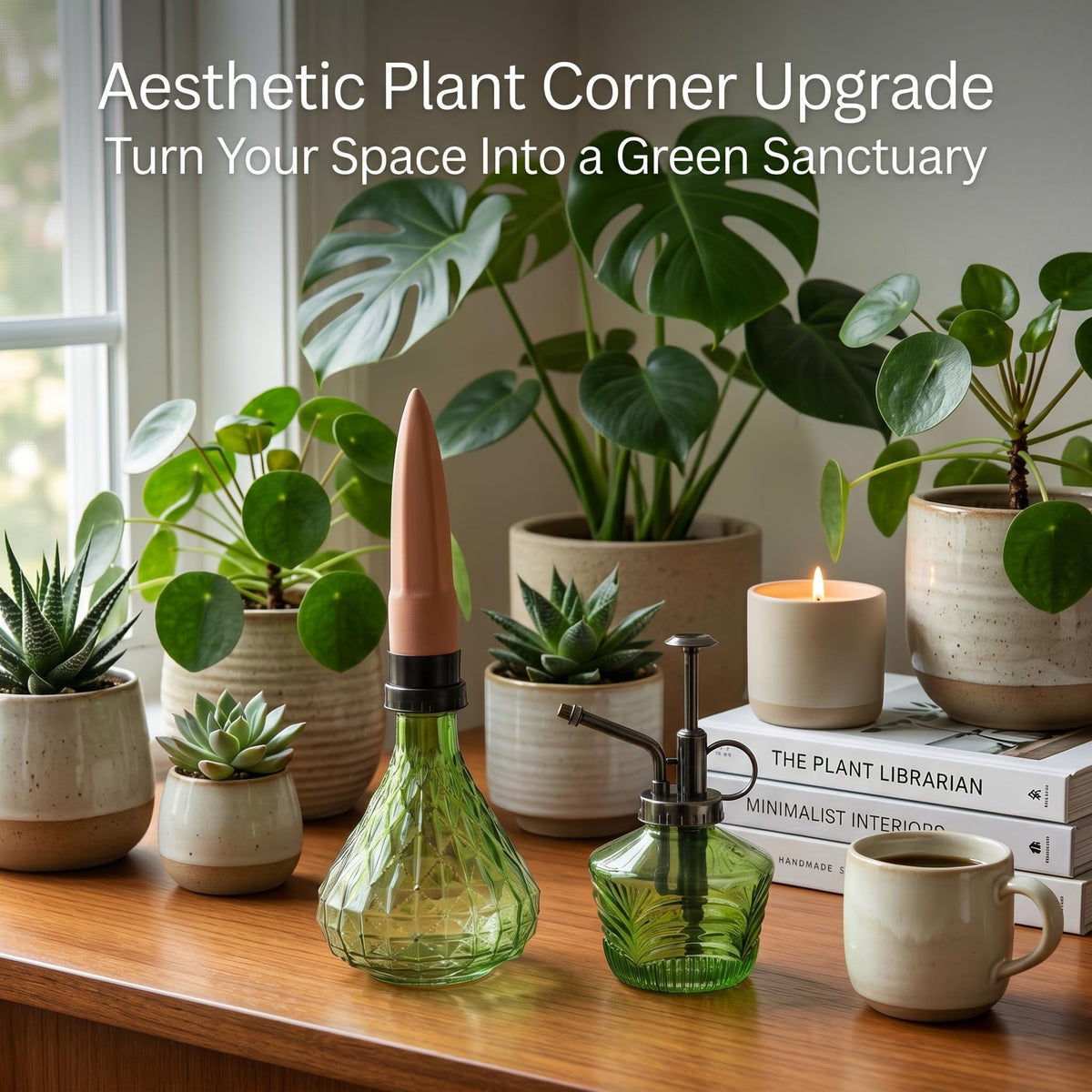 Topadorn Vintage Glass Plant Care Set, Plant Mister Spray Bottle & Terracotta Self-Watering Globe, Green