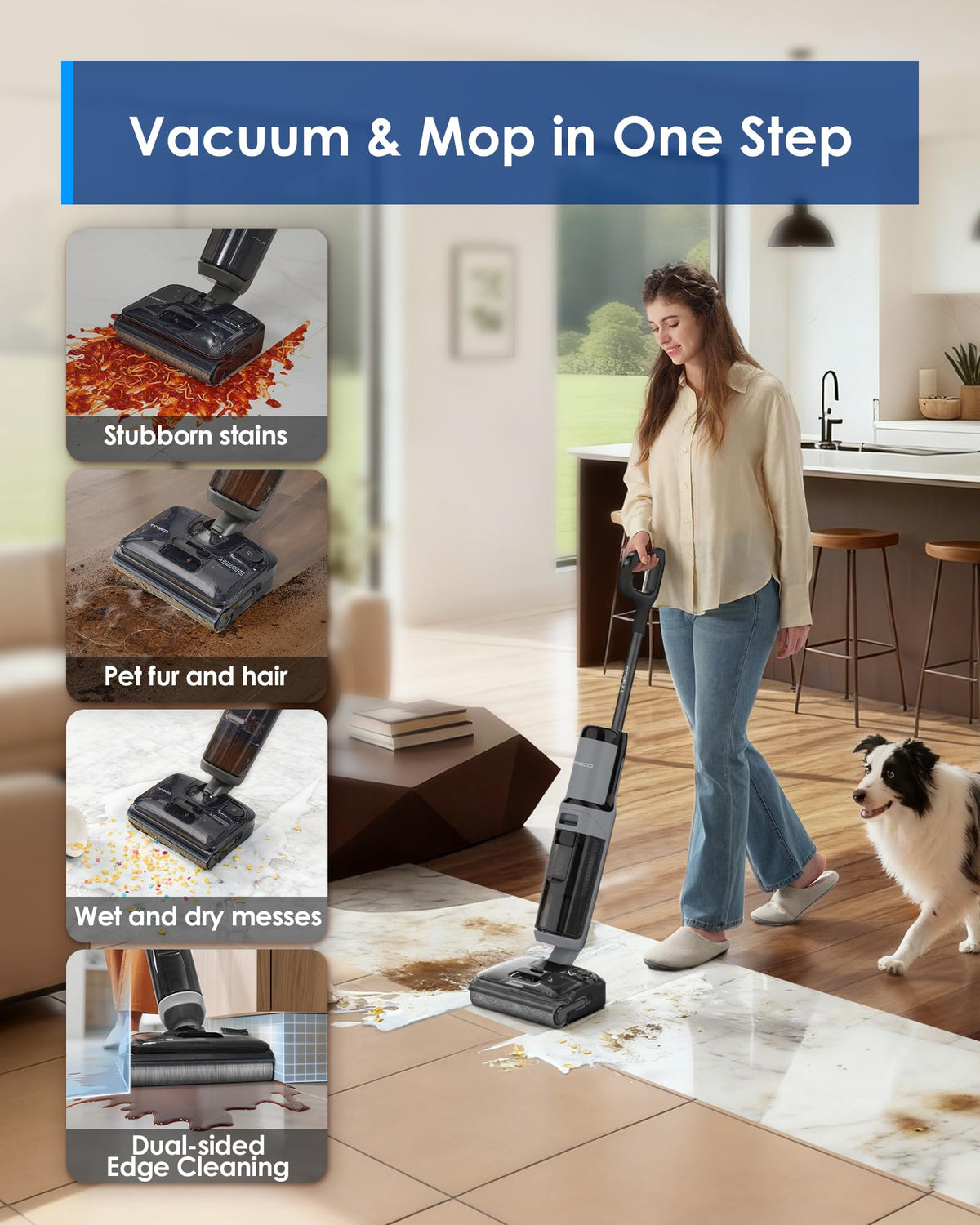 Tineco Floor ONE i5 Stretch Wet Dry Vacuum Cleaner, Vacuum & Mop in One Step, 20kpa Powerful Suction, 180° Lay-Flat Design, Anti-Tangle Design, Dual-Sided Edge Cleaning, Up to 30* Minutes Runtime