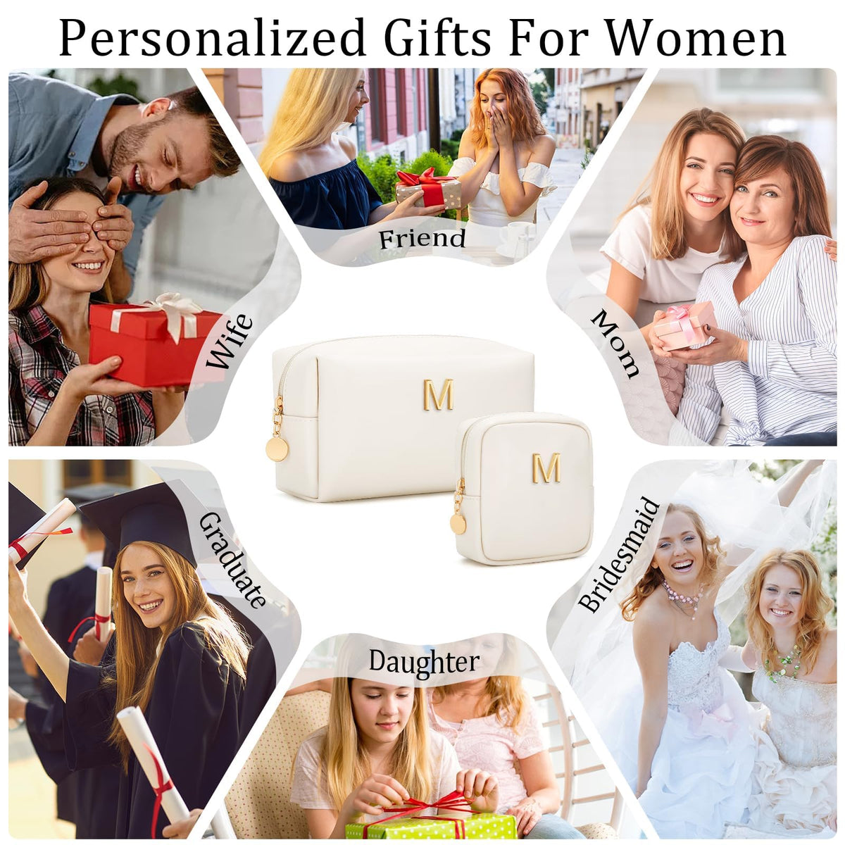 CLOUDWINGS Personalized Birthday Gifts for Women - Initial Makeup Bag Set Travel Toiletry Bag Cosmetic Bags Soft Waterproof PU Leather Makeup Pouch Travel Essentials (M, 2pcs Beige)