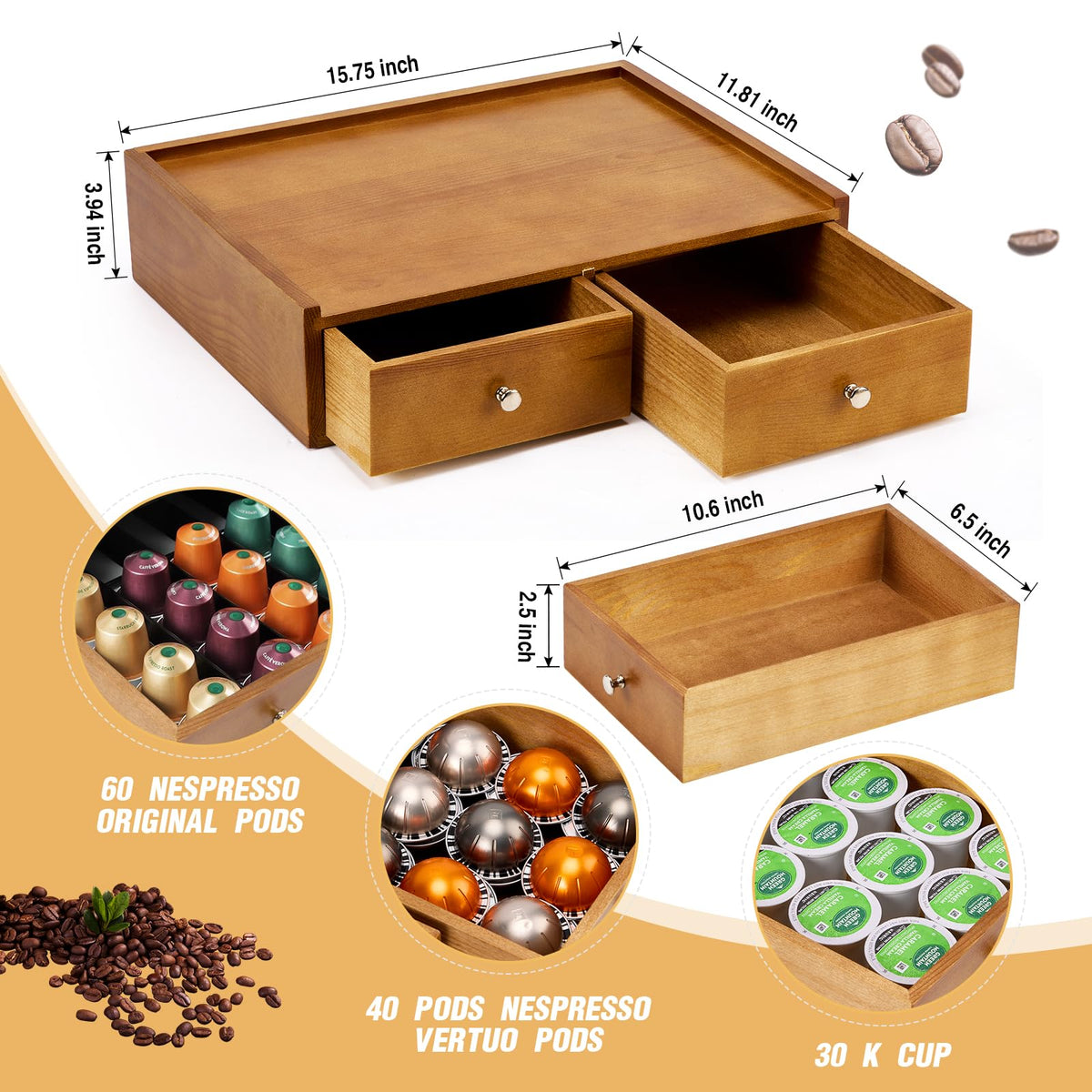Inlisy 15.8"L X 11.8"W X 4"H Wooden K cup Storage, Keurig Stand With Storage, Coffee Pod Holder Organizer, Desktop Kitchen Storage with 2 Drawers, 30/40/60 Pod Capacity, Natural