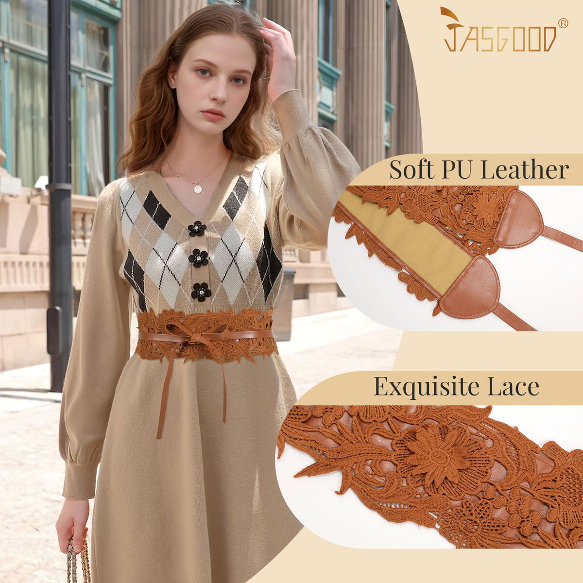 JASGOOD Women Lace Waist Belt Corset Waist Band Belt For Dress Obi Bowknot Cinch Wide Belt Bow Tie Wrap Boho Faux Leather,Brown