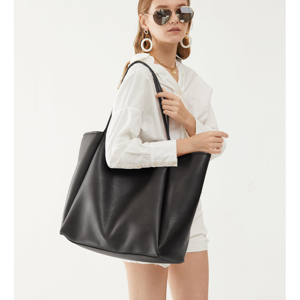 Oversize Pu Leather Tote Women Weekender Bag Shopper Handbag Travel Purse (Black)