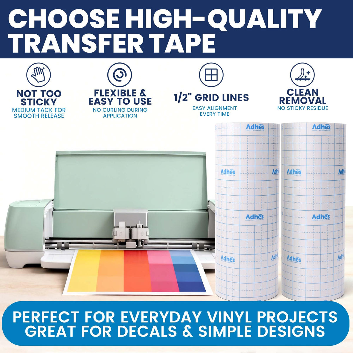 ADHES Clear Transfer Tape for Vinyl with Grid, 12" x 50FT, Medium Tack Transfer Paper Roll, Easy Release Application Tape for Cricut, Silhouette, Decals, Signs & DIY Projects