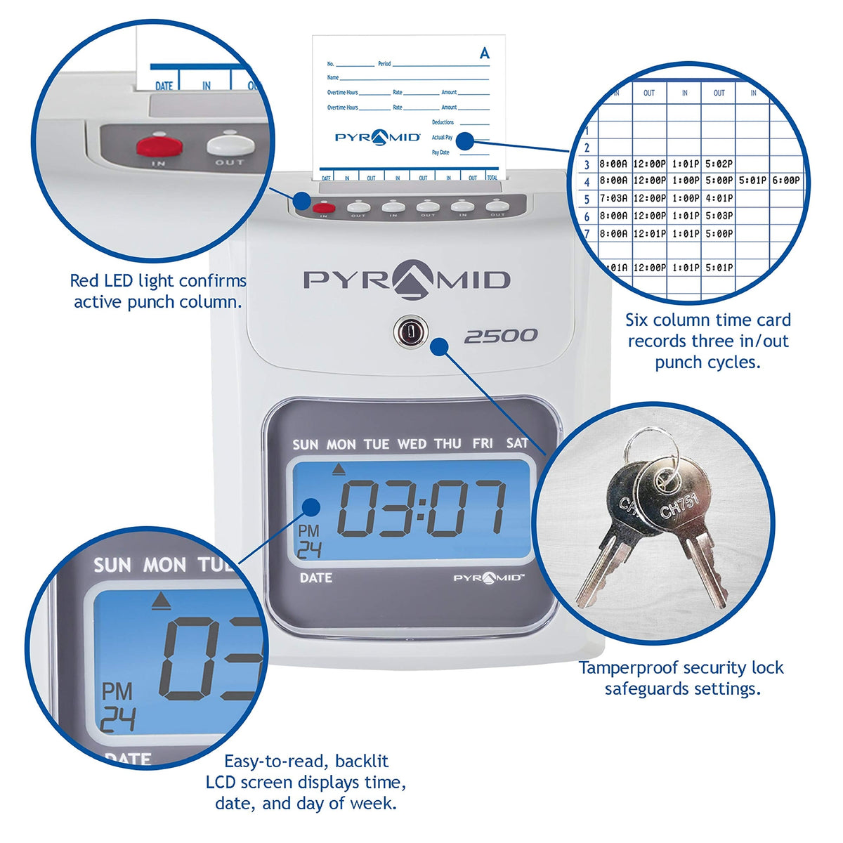 Pyramid Time Systems - 2500 Auto-Aligning Employee Time Clock Timekeeping Bundle [2500K1] for Small Business, Punch Clock System with 100 Time Cards, 2 Ribbon Cartridges, 10-Slot Rack & Security Keys