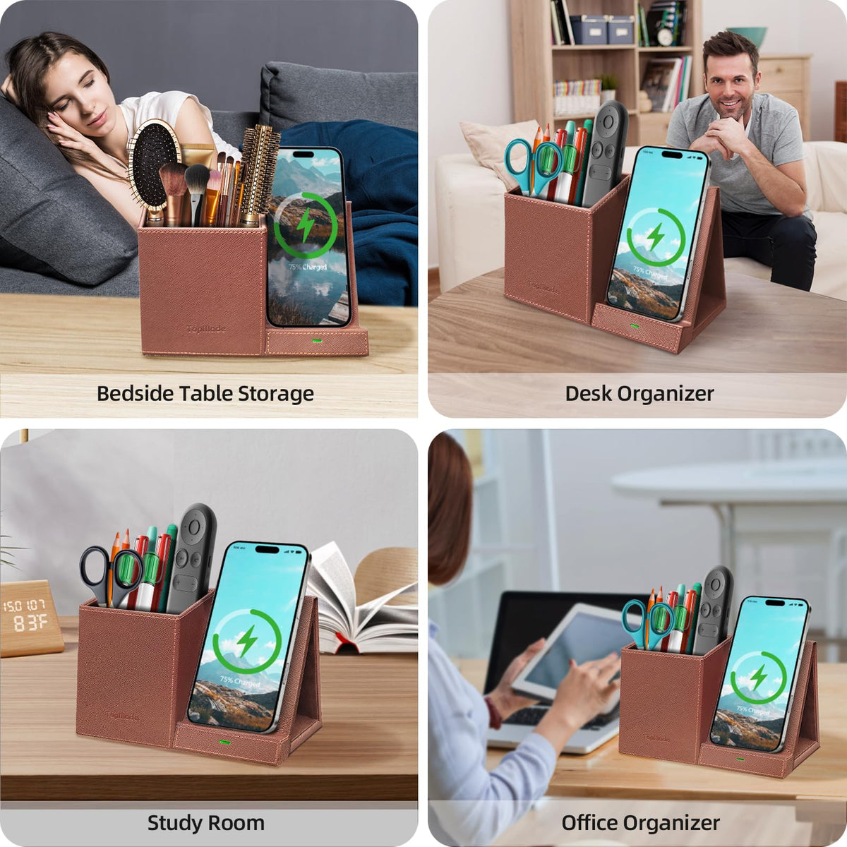 TopMade Wireless Charger with Pen Holder, Multi-functional Desktop Organizer and Storage, Home Office Supplies Desk Accessories, Pencil/Remote Holder with Fast Charging Phone Stand (Brown)