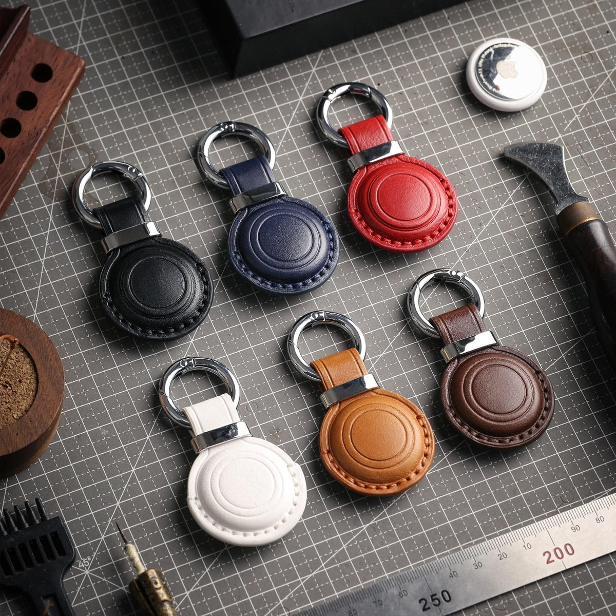 Jayanes Genuine Leather Keychain Holder Compatible with AirTag - Secure Case Cover Key Ring Chain Fob Accessories Intended for Air Tag - Black (2 Pack)
