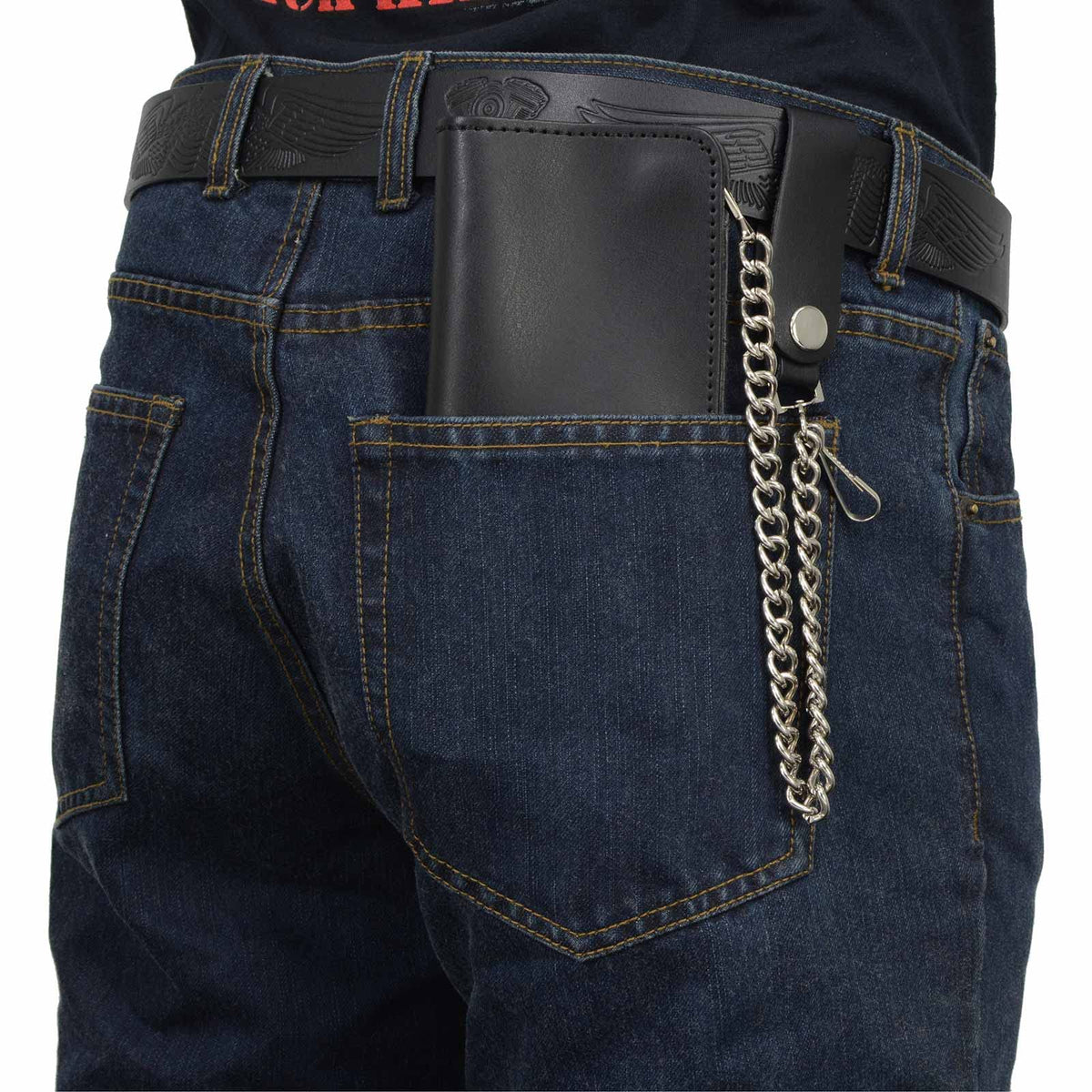 Milwaukee Leather Men's Genuine Leather Tri-Fold Biker Wallet w/Anti-Theft Stainless Steel Chain - 4 Inch