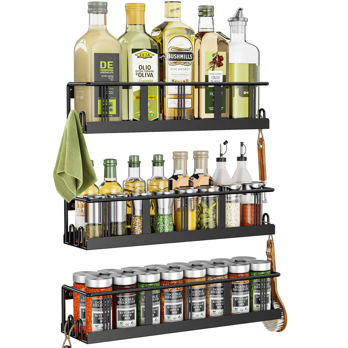 Bunoxea Spice Rack Wall Mounted 3 Pack, Space-Saving Spice Organizer for Spice Jars and Seasonings,Screw or Adhesive Hanging Spice Rack Organizer for Your Kitchen Cabinet,or Pantry Door