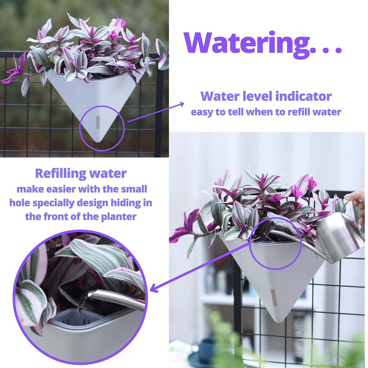 LaLaGreen Bundle - 12" x 6 Pack White + 12" x 2 Pack Gray Large Self Watering Geometric Hanging Flower Vase Vessel with Metal Hanger, Modern Stylish Wall Mounted Succulent Pot Holder Decor
