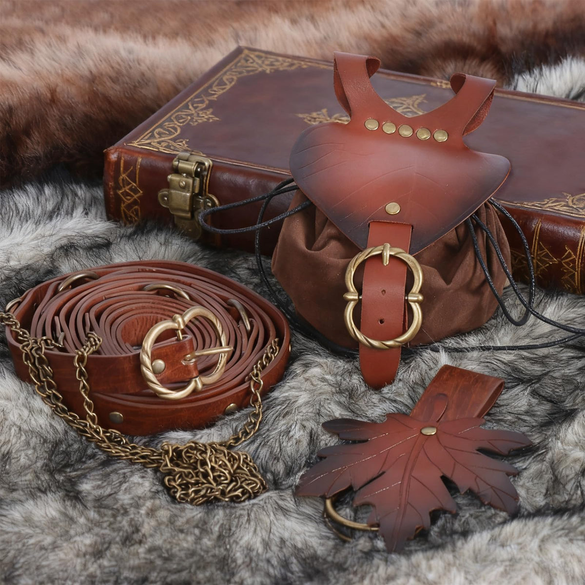 Minhuida 3PCS Medieva Adjustable Faux Leather Metal Chain Belt Set DIY, With leaf purse and skirt hike Clips, For Ren Faire & cosplay (Brown -A)