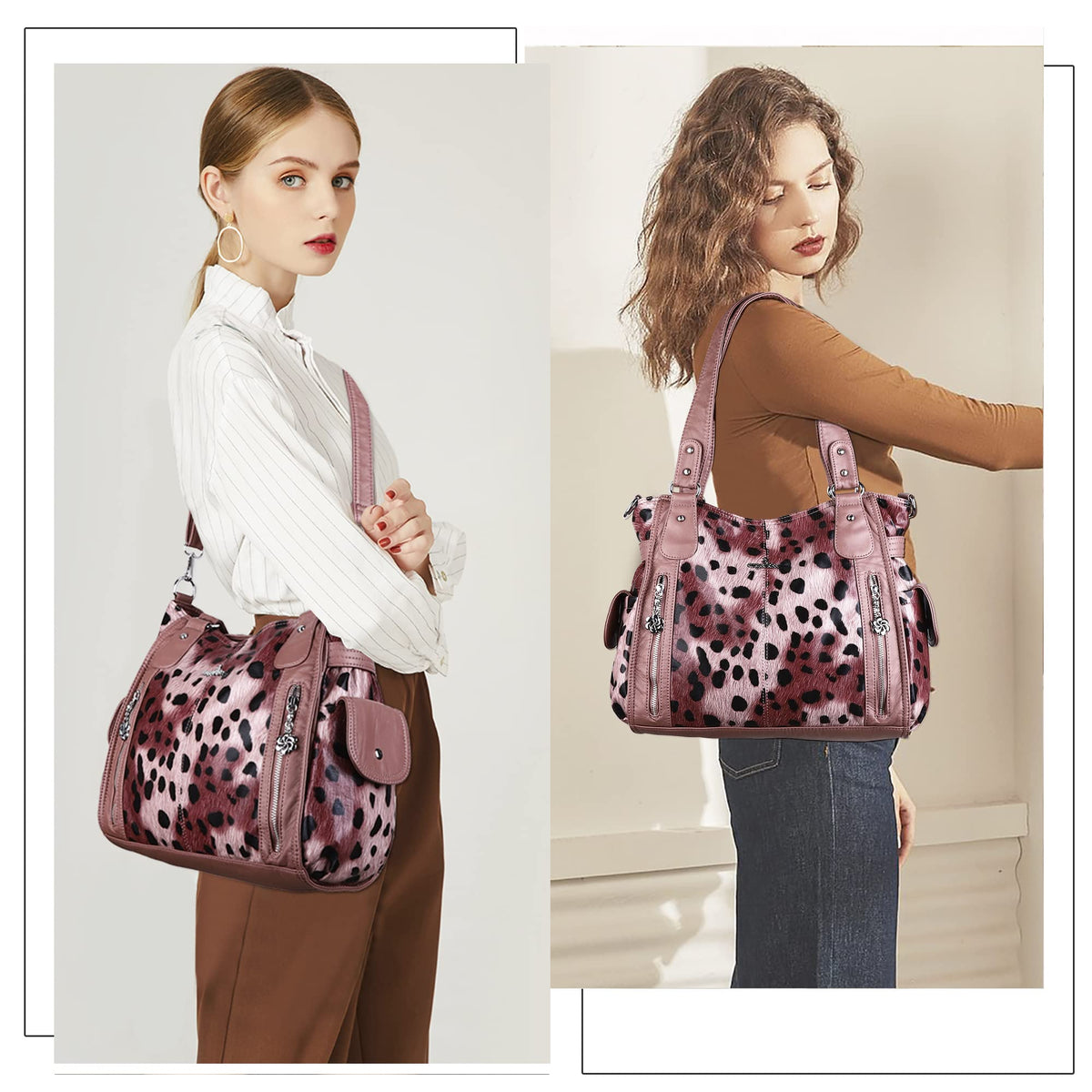 Angel Kiss Handbags for Womens Top-Handle Hobo Purse Roomy Casual Shoulder Bags PU Tote Satchel Purse for Womens 14leopard Pink