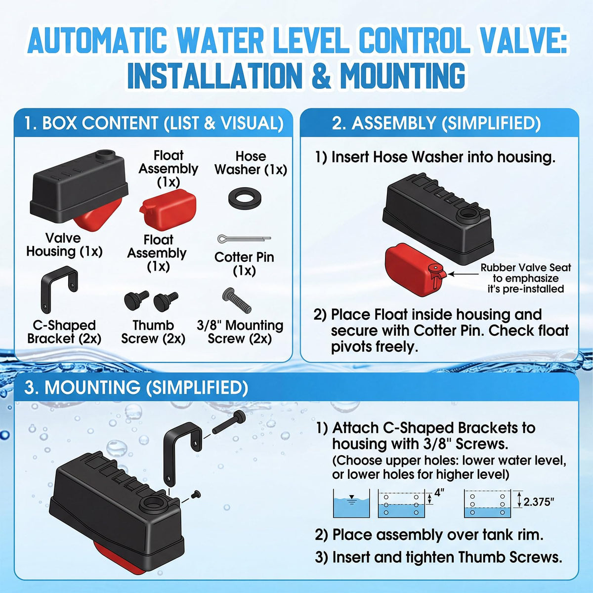Threlaco 2 Pack Water Tank Float Valve Automatic Water Level Control Float Valve for Pond Farm Livestock Cattle Goat Horse Pool Aquariums Hydroponics and Reservoir Autofill Livestock Waterer