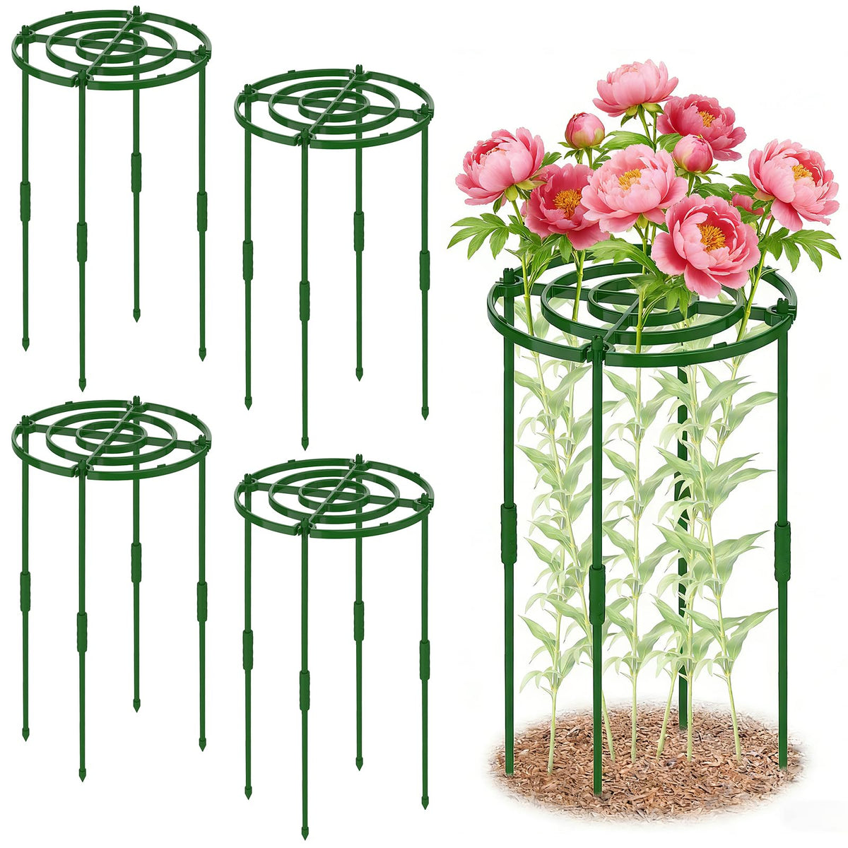 4 Pack Peony Cages and Supports, 11.8" D x 25" H Plant Supports for Outdoor Plants, Peony Support Cage Flower Support Rings, Plant Support Ring for Rose Tomato Hydrangea Strawberry