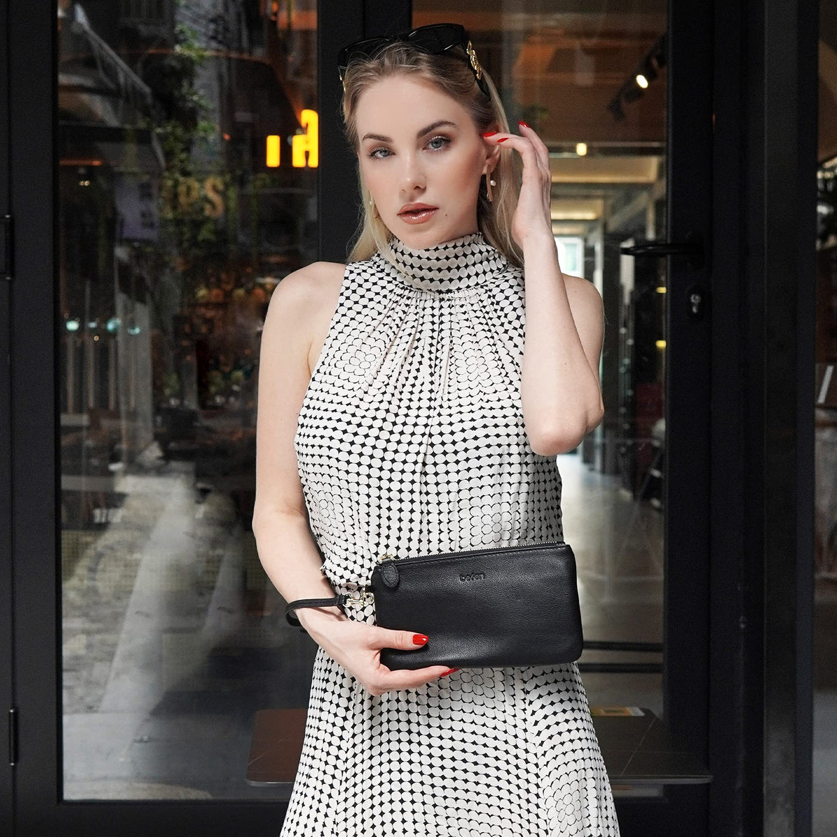 befen Black Genuine Leather Wristlet Clutch RFID Blocking Bag Cell Phone Wallet Purse Smartphone Wristlet Wallet Purses and Handbags for Women