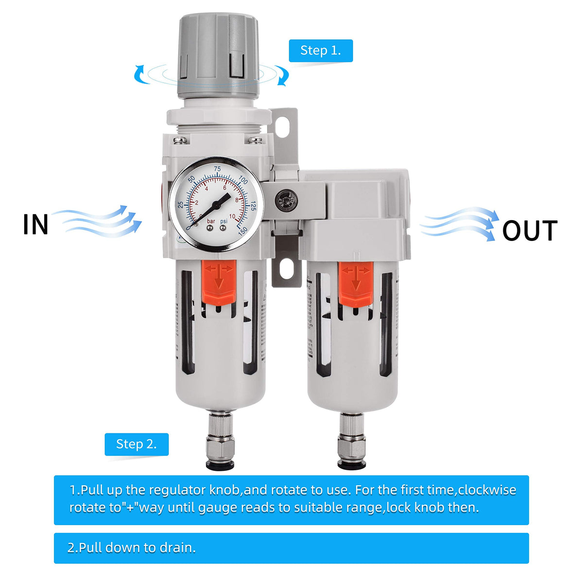 NANPU 1/2" NPT Air Dryer System - 5 Micron Particulate Filter, 0.5 Micron Coalescing Filter & Air Pressure Regulator, Water Trap Separator - Semi-Auto Drain,0-150 psi Gauge, Poly Bowl, Metal Bracket