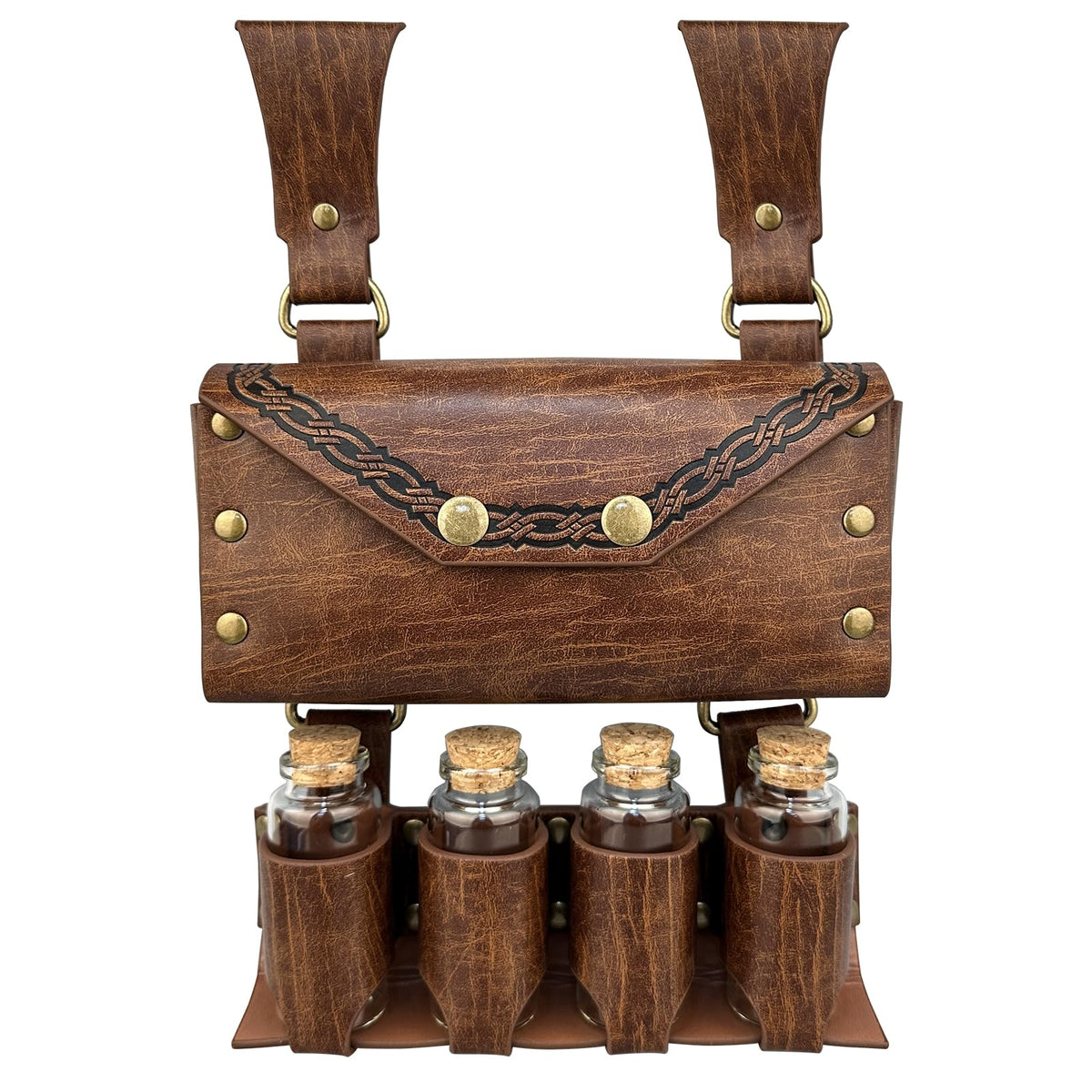 HiiFeuer Medieval Alchemy Faux Leather Belt Bag with 4 Cork Potion Vials, Fantasy Wizard Waist Pouch Side Pack for Ren Faire (Light Brown A)