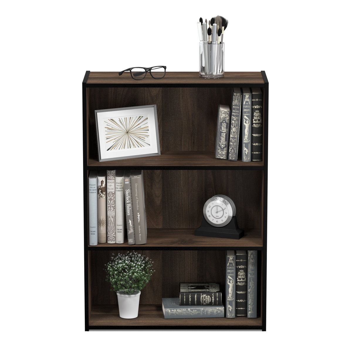 Furinno PASIR Book Shelf, 3-Tier Bookshelf, Storage Shelves Bookcase, 9.7 x 23.7 x 31.5, for Living Room, Bedroom, Home Office, Columbia Walnut