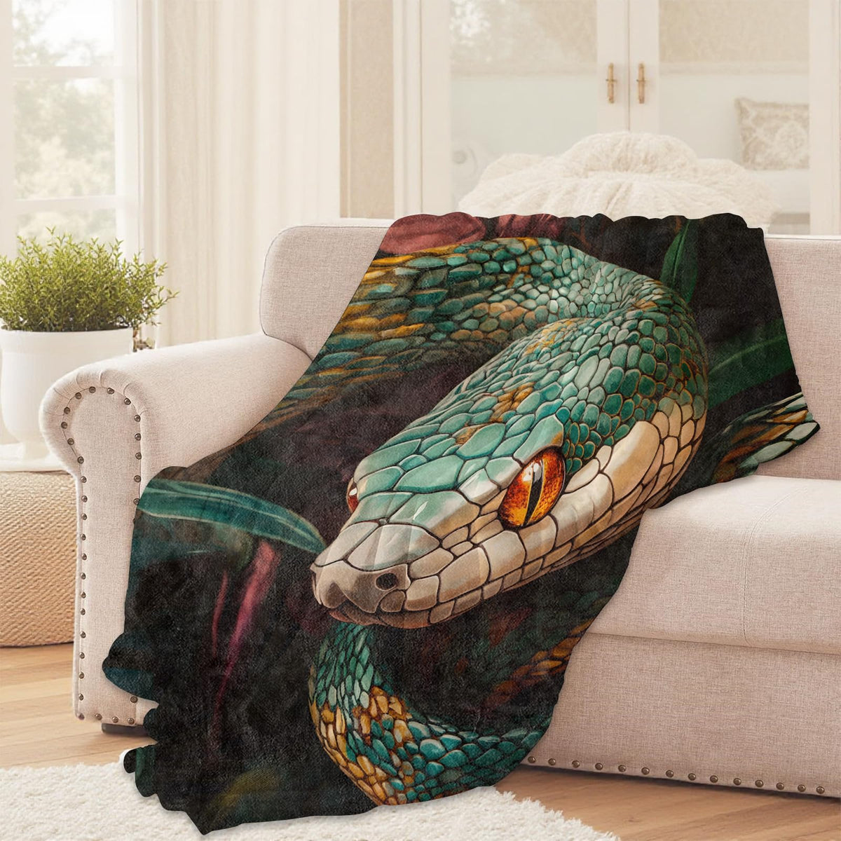 Green Snake Throw Blanket for Girls Boys Kids Adults, 50x60 in, Cozy Flannel Blanket for Bedroom, Camping, Couch, Room Decor, Fuzzy Warm Soft Gifts