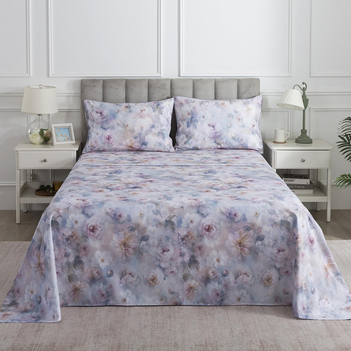 Puralens Purple Floral Percale Sheets Queen, 100% Cotton Soft Crisp Vintage Flower Bed Sheets, Butterfly Patterned Deep Pocket Aesthetic Farmhouse Sheet Set, Luxury Garden Toile Bedding, 4Pcs