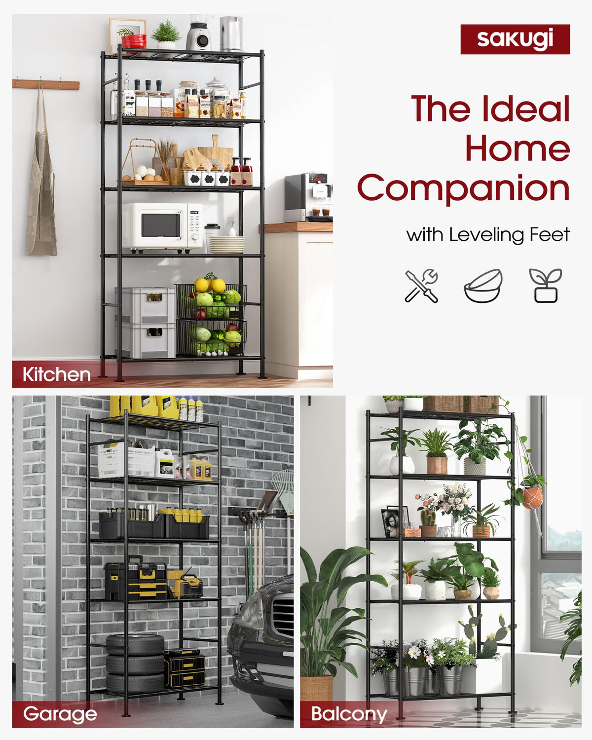 Sakugi Storage Shelves Organizer - 5 Tier Metal Shelf Organizer with Metal Wheels and Adjustable Leveling Feet, Heavy Duty Garage Shelving for Kitchen, Pantry and Closet, 33.1"x12.6"x73.5", Black