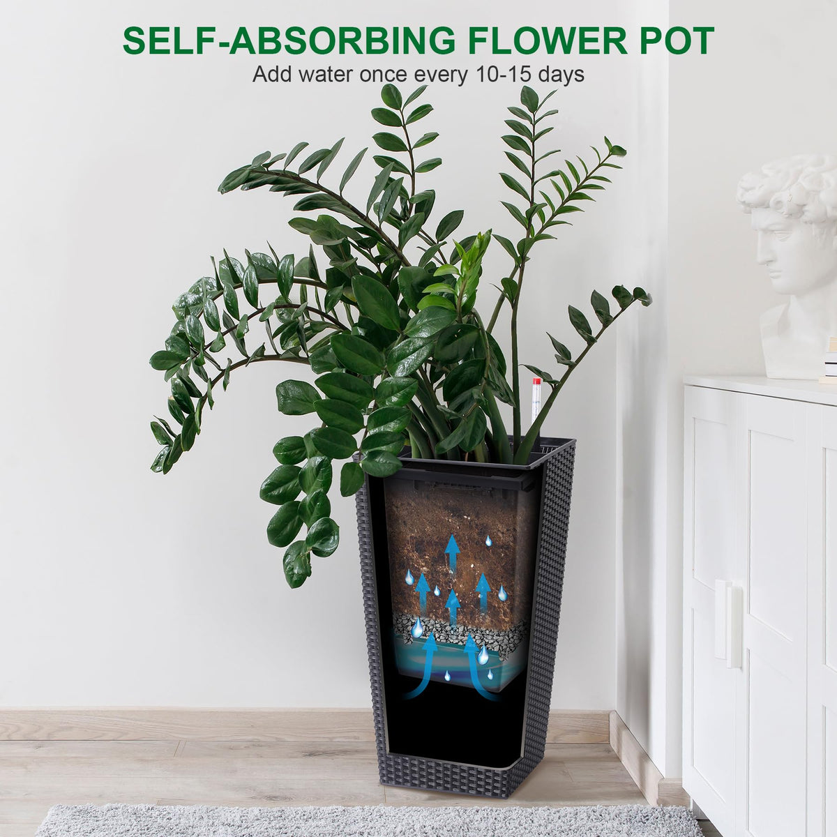 22.4" Black Tall Planters Outdoor Set of 2, Large Black Flower Pots Outdoor with Drainage Holes & Automatic Watering System, Modern Large Resin Planters for Outdoor Plants, Front Porch, Deck, Rattan