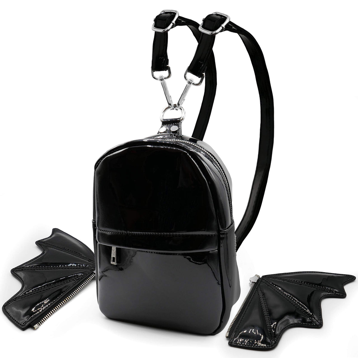 Prime Original Women Fashion Mini Backpack | Detachable Bat Angel Wing Shoulder Bag (Black Patent)