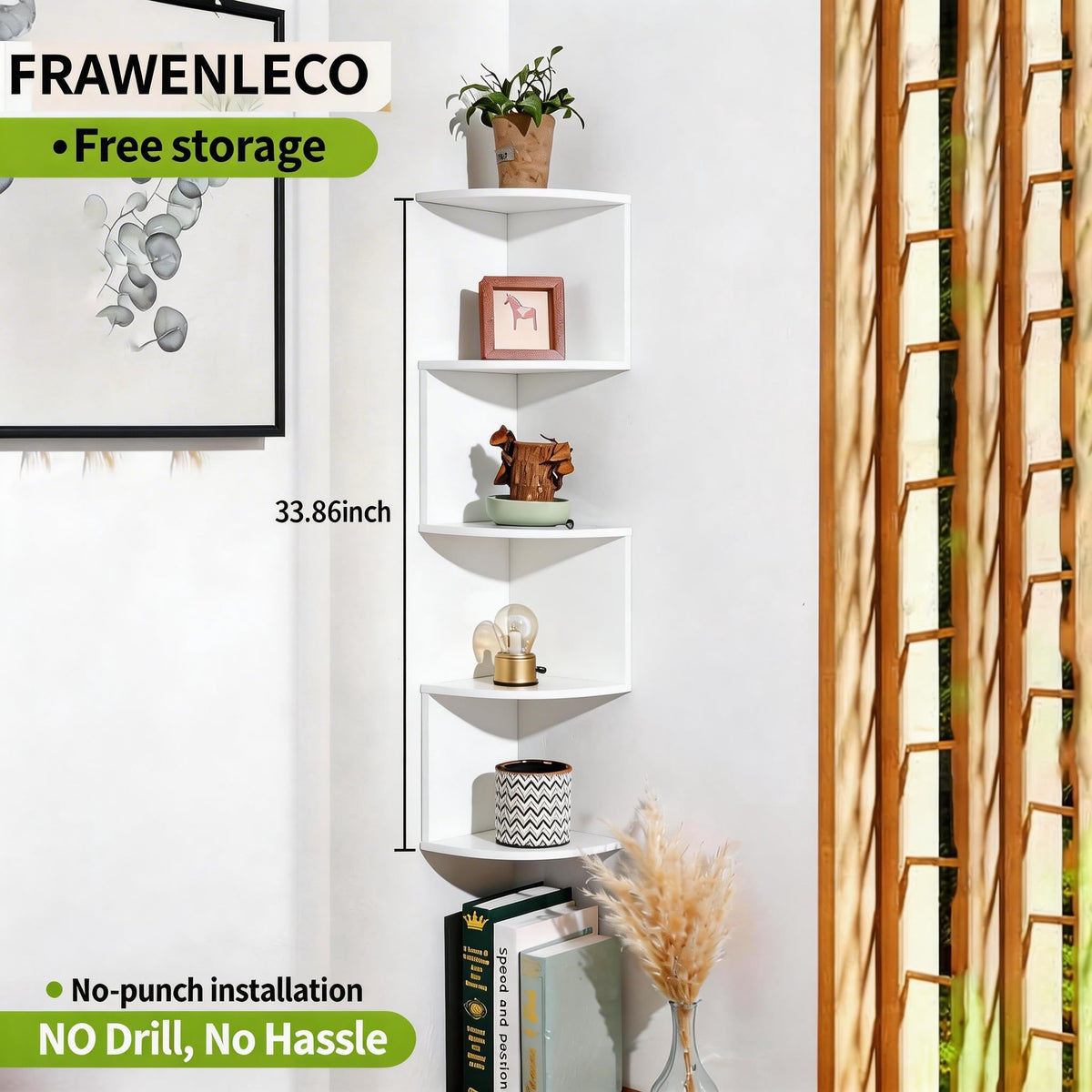 FRAWENLECO No-Drill Modern Corner Shelf Wall Mount, 5-Tier Floating Storage Rack, Corner Bookshelf with Hooks, Space-Saving Zigzag Plant Shelf for Bedroom, Living Room, Bathroom, Home Office(White)