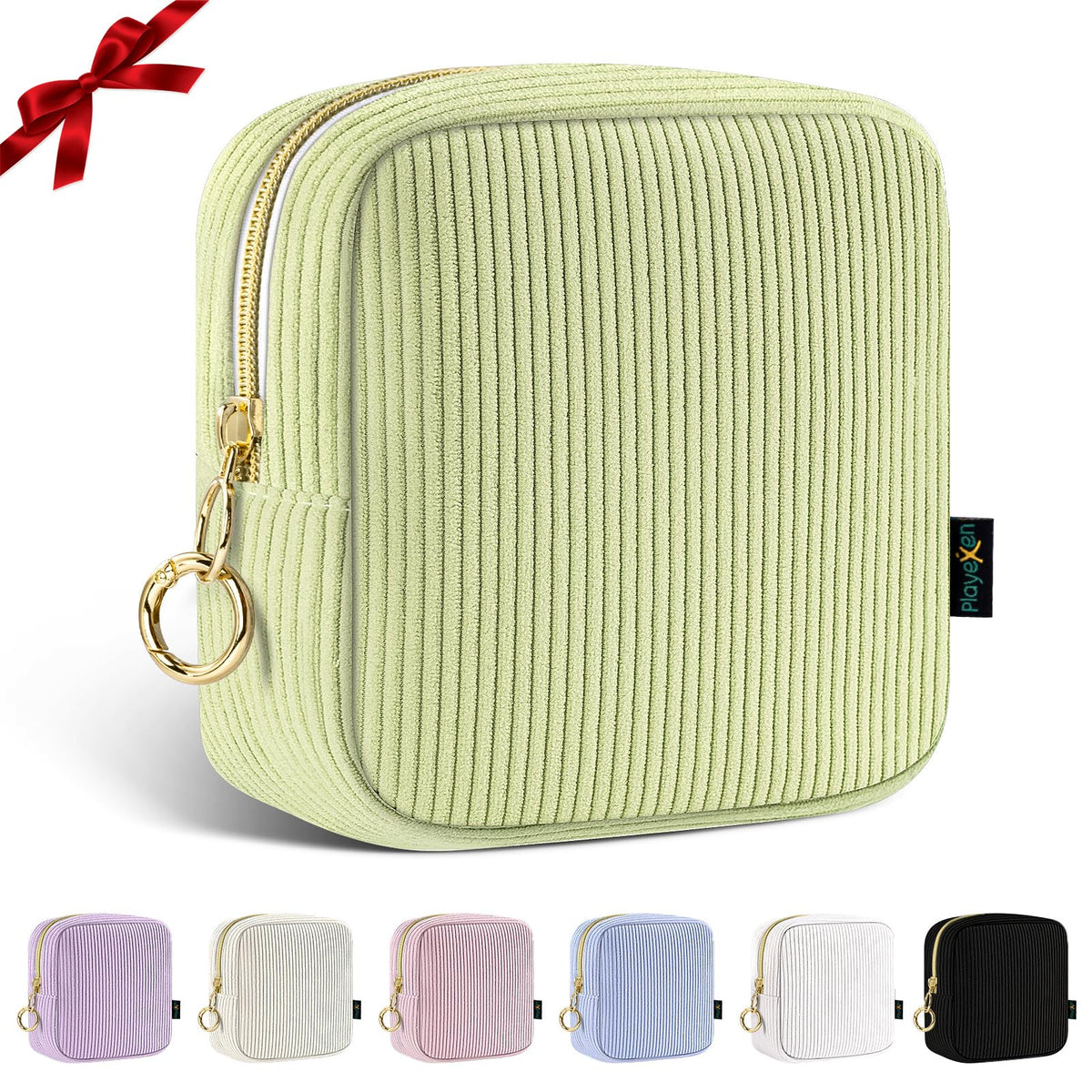 Playexen 5.5" Small Makeup Bag, Corduroy Small Cosmetics Bag for Purse, Portable Mini Travel Makeup Pouch with Ring Buckle & 2 Inner Pockets for Women (Green)