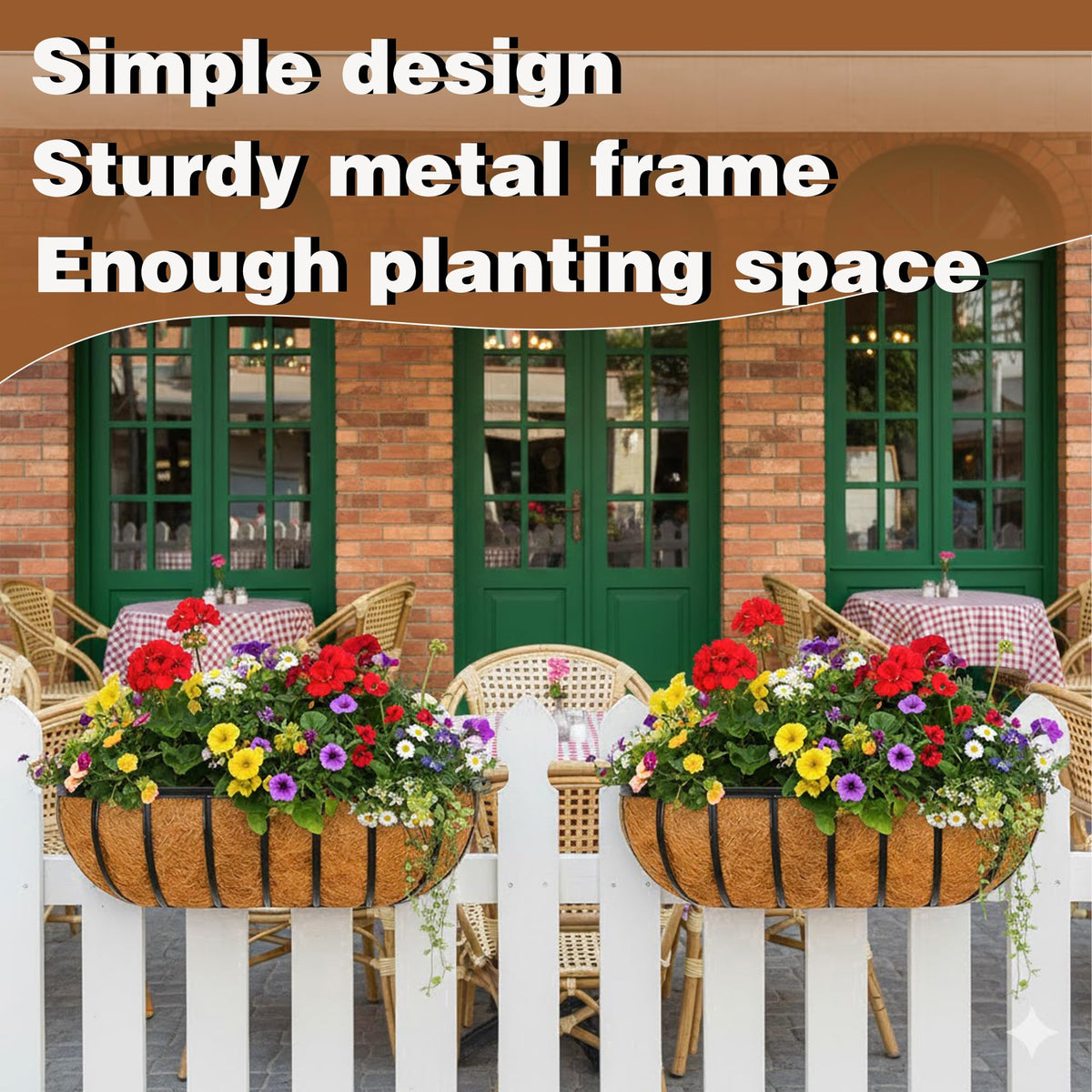JFFLYIT 2 Pcs 24“ Railing Planter Window Box Deck Railing Planter Boxes with Coco Liner English Horse Trough Planters Metal Wall-Mounted Planters Basket for Outdoor Balcony Porch Fence Patio Rail