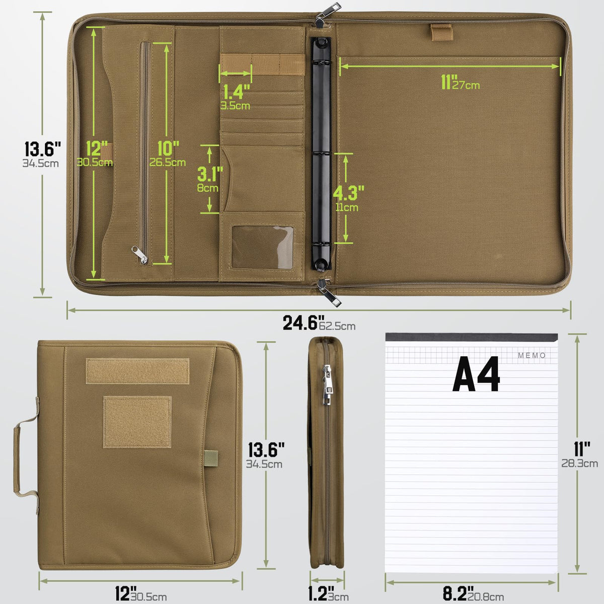 Livans Portfolio Padfolio Binder Detachable 3-Ring Planner, Zip Tactical Notebook Cover with A4 Letter Paper, Multi-Pocket Carry Bag for Gift, Out-Work, Travels, Office & School