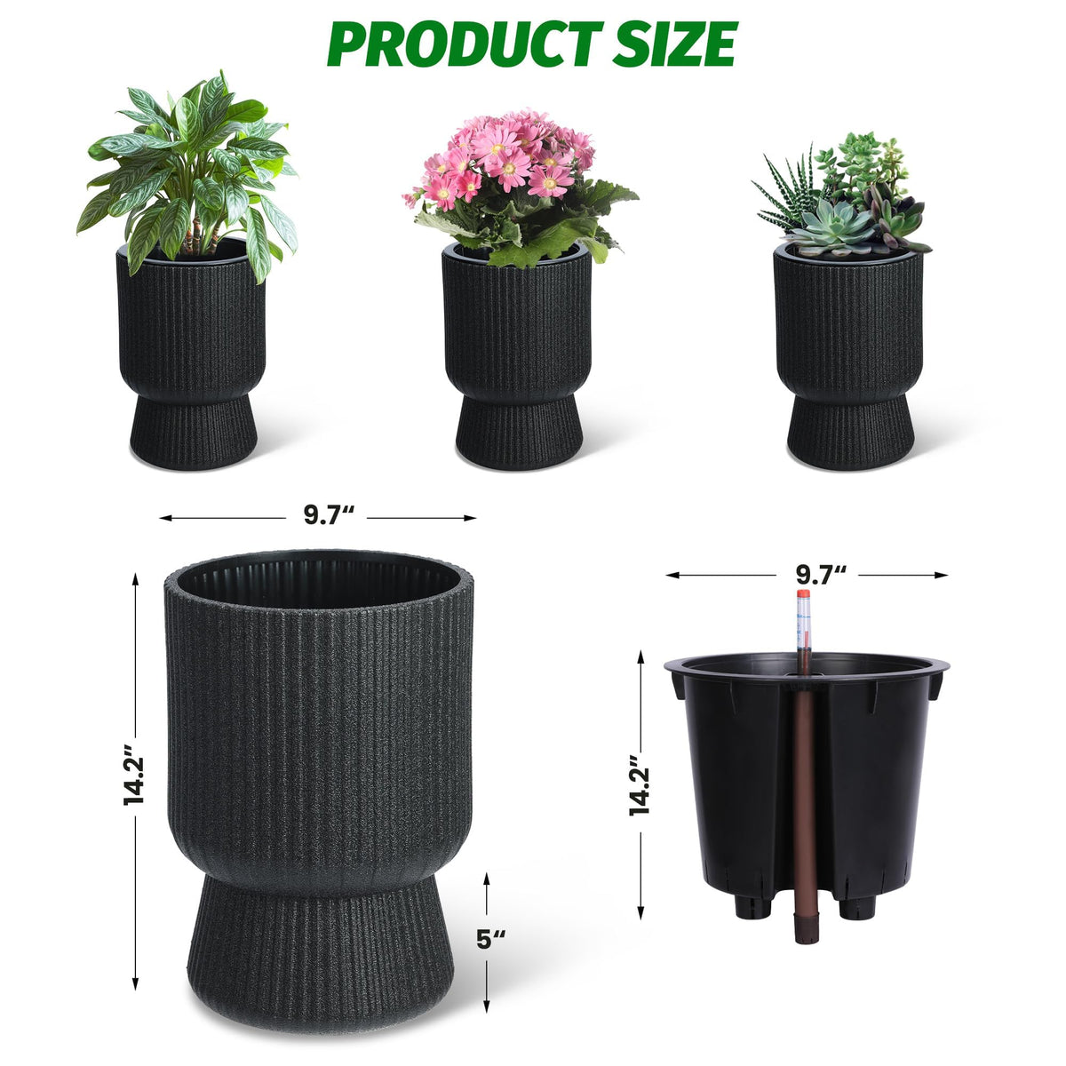 CABIHOME 14.2" Tall Planters, 2packs-Large Planter for Outdoor Plants, Flower Pots with Water Level Monitor, for Patio, Porch, Living Room, Home Office, for Outdoor & Indoor Plants, Classic White