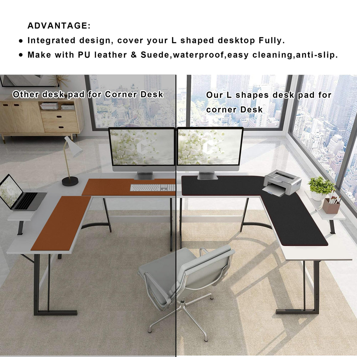 ZORESYN L-Shaped Gaming Desk Mat Mouse pad, Computer Corner Desk Pad, 47" Home Office Writing Desk Pad Protector, Large Waterproof PU Leather Corner Mousepad - Black, (120+120) x40cm