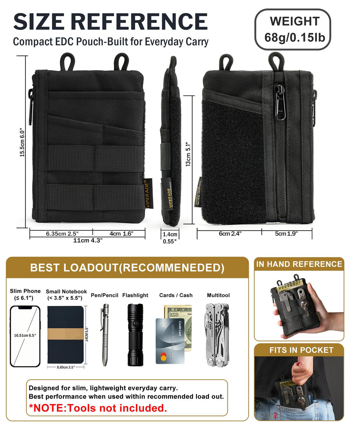 VIPERADE VE18 EDC Pouch, Pocket Organizer for Men, EDC Pocket Organizer, 3 Slots with 2 Zipper Pockets, Multitool Pouch