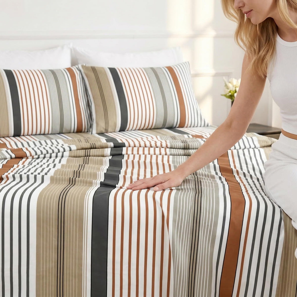 HCORA Striped King Sheet Set, Ultra Soft Double Brushed Microfiber Bed Sheets, Deep Pocket, Breathable, Wrinkle Resistant, Easy Care, 4PC, King